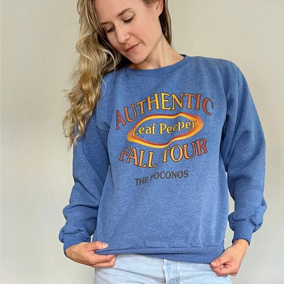Vintage 90s Poconos Fall Tour Leaf Peeper Heather Blue Crewneck Sweatshirt - Picture 6 of 8